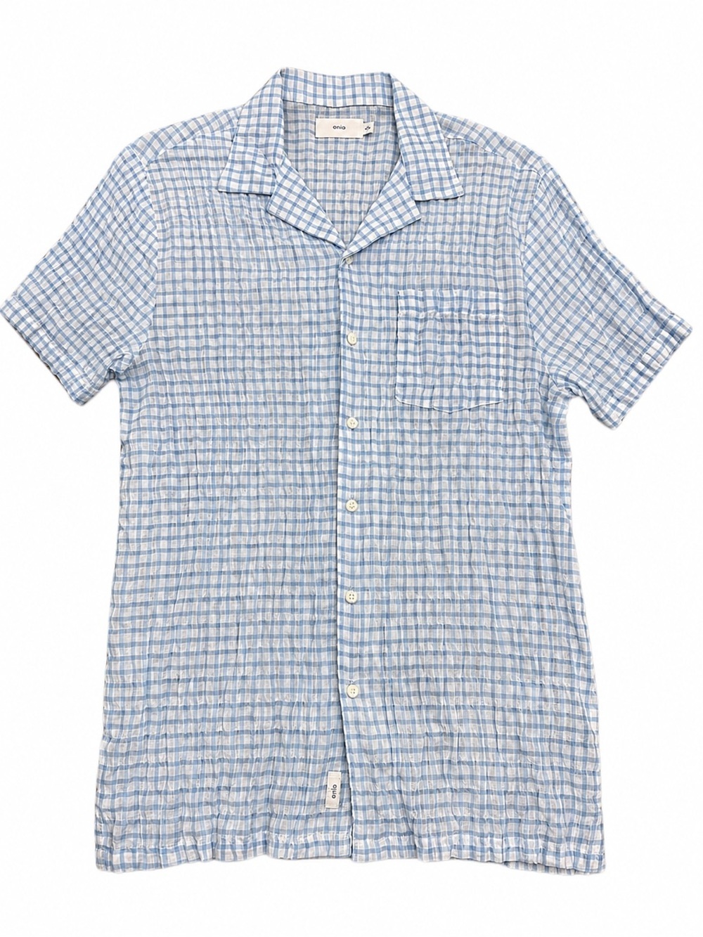 Onia Light Blue and White Plaid Short Sleeve Button-Down